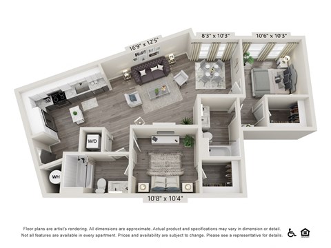 Floor plan for 2 beds, 2 baths, 1051 sqft